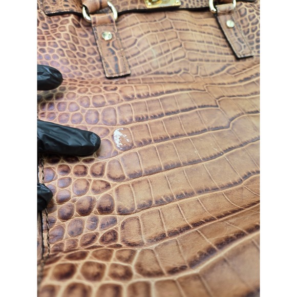 Michael‎ Kors Crocodile Embossed Leather Tote Shoulder Bag Brown Gold Lock Key - Picture 5 of 12